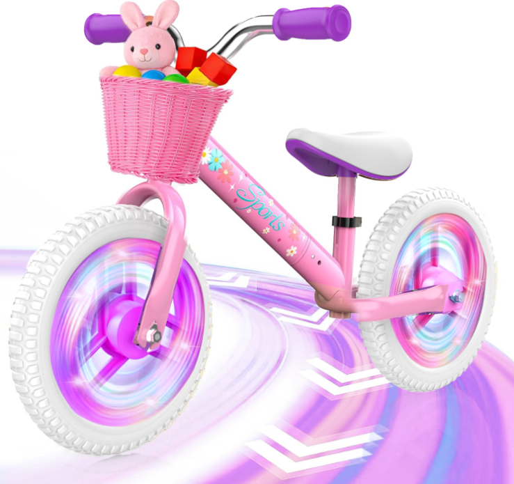 Kids Balance Bike Generation II with Light-Up Wheels - 12 Inch No-Pedal Toddler Training Bicycle with Front Woven Basket, Adjustable Seat and Purple Handlebars, Premium Birthday Gift for Girls