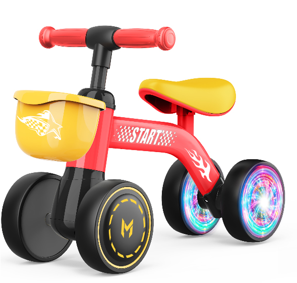 Baby Balance Bike with Light-Up Rear Wheels - 4-Wheel Toddler Walking Toy Bicycle with Front Basket, No-Pedal Infant Racing Glider for 1-3 Years Old Boys & Girls Birthday Gift