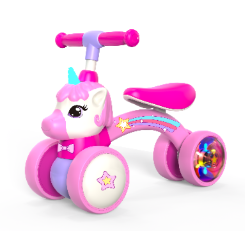 Baby Balance Bike with LED Light-Up Wheels - 4-Wheel Toddler Walking Toy Bicycle, Cute Pink Unicorn No-Pedal Infant Glider for 1-3 Years Old Girls Birthday Gift