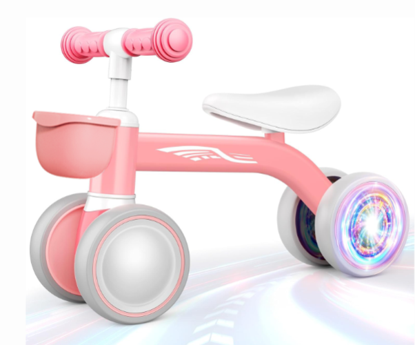 Baby Balance Bike with LED Light-Up Rear Wheels - 4-Wheel Toddler Walking Toy Bicycle with Front Basket, No-Pedal Infant Racing Glider for 1-3 Years Old Girls Birthday Gift